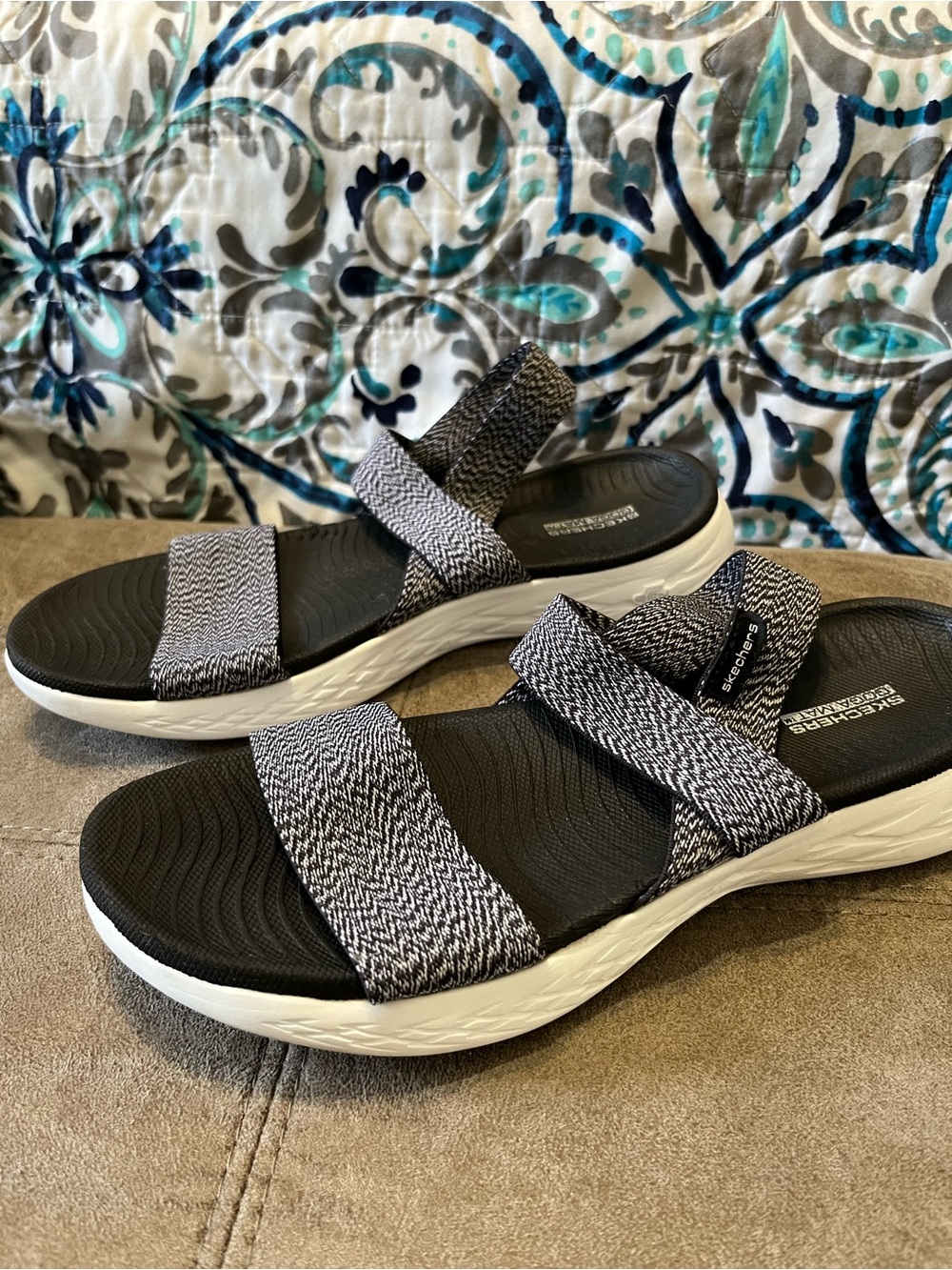 Skechers Black and Gray Knit Strap Slide on Sandals for Women